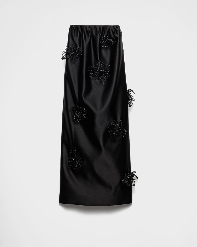 Long embroidered double satin skirt