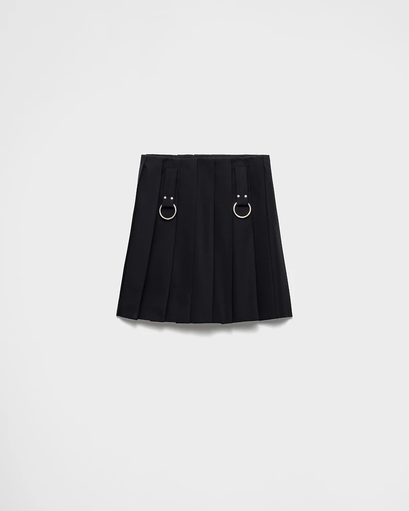 Pleated gabardine miniskirt with metal rings