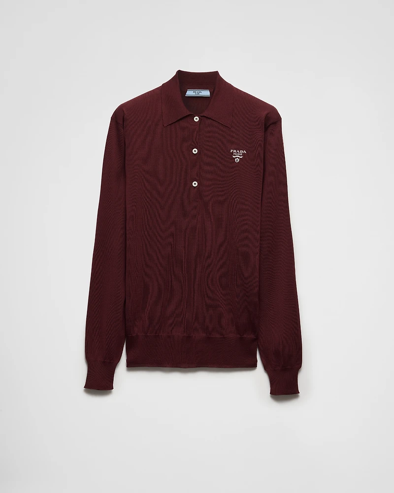 Long-sleeved silk polo shirt