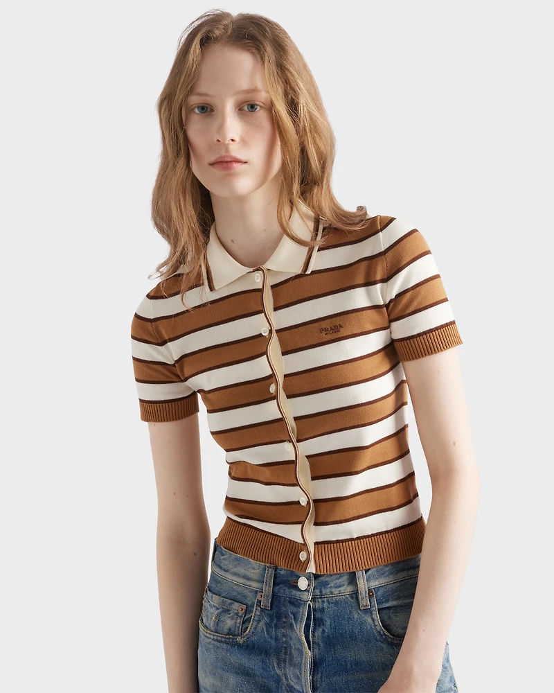 Short-sleeved striped cotton cardigan