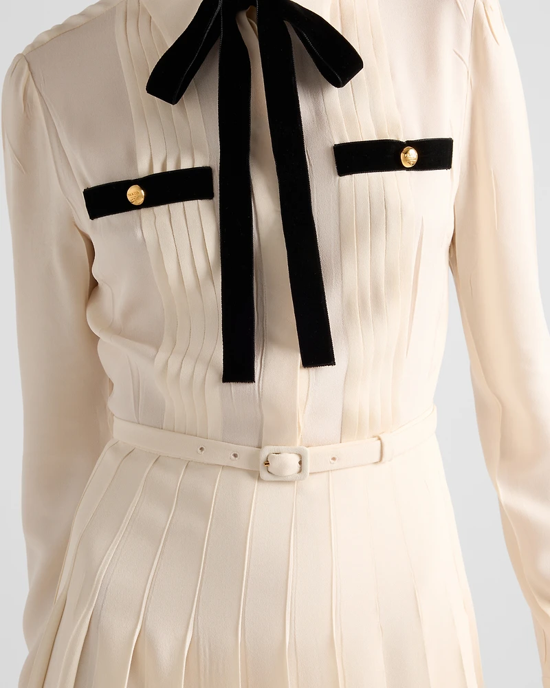 Long pleated satin sablé dress