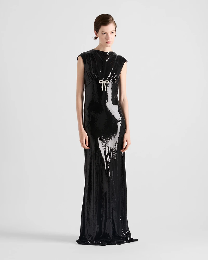 Sequined satin jersey long dress