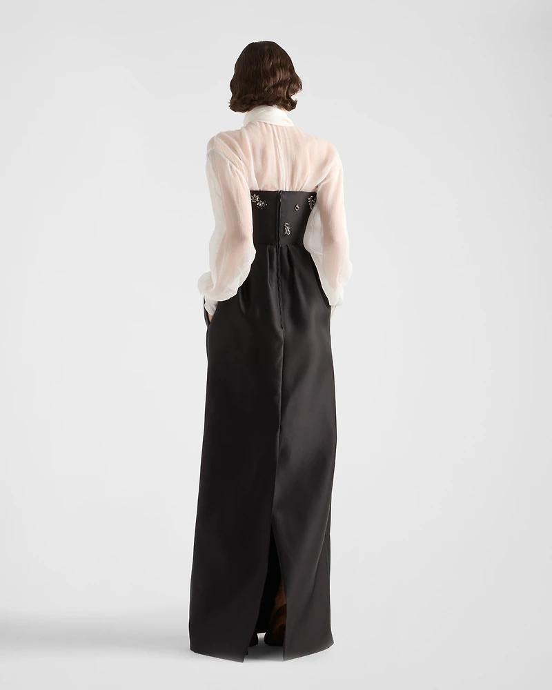 Long embroidered satin dress