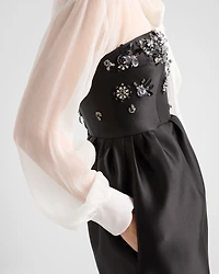 Long embroidered satin dress