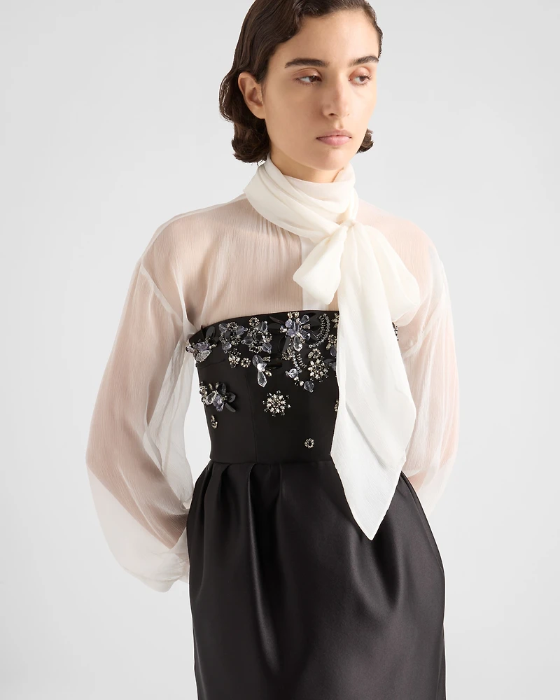 Long embroidered satin dress