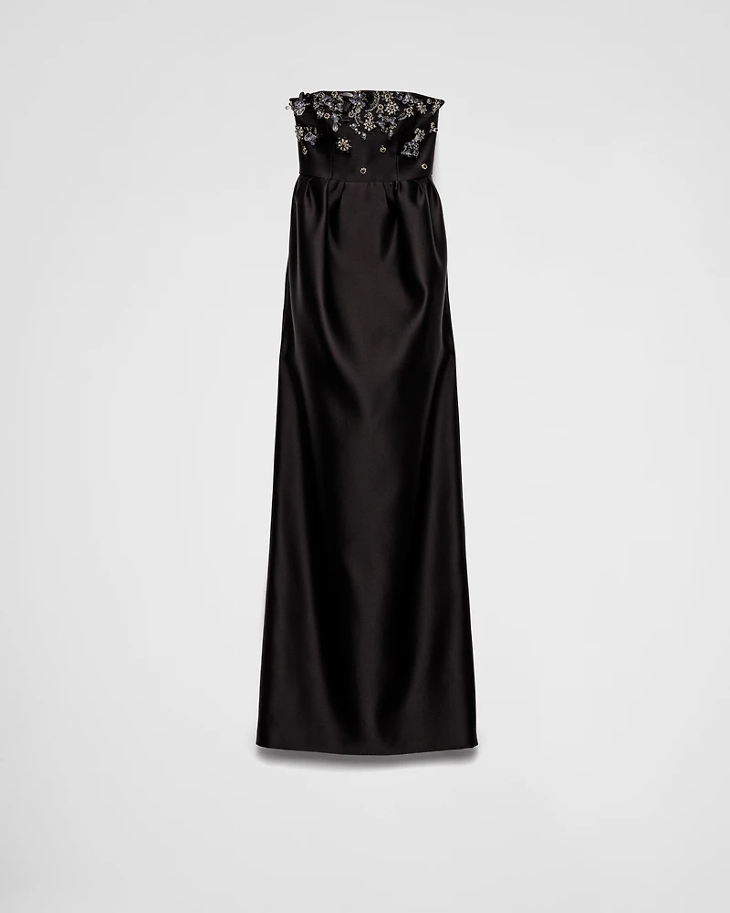 Long embroidered satin dress
