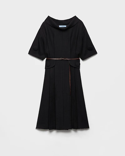 Short-sleeve chevron wool dress with belt