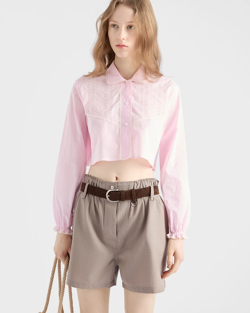 Embroidered cropped batiste shirt