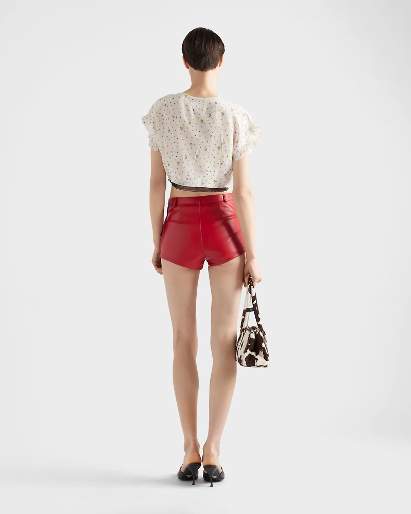 Short-sleeved floral print pongé crop top