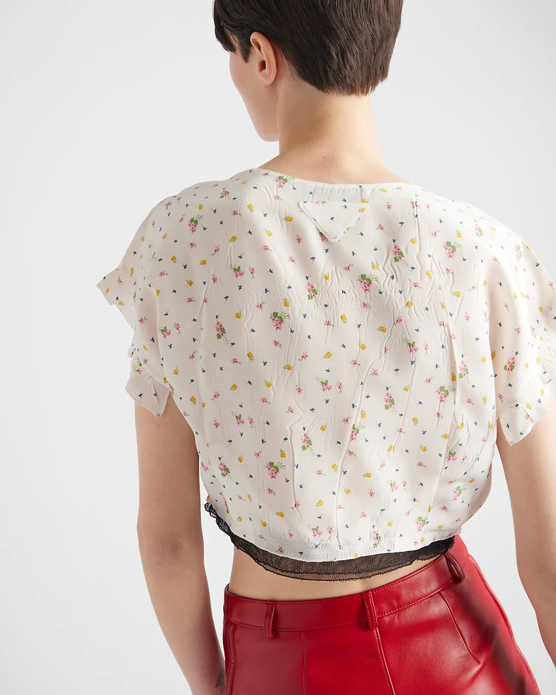 Short-sleeved floral print pongé crop top