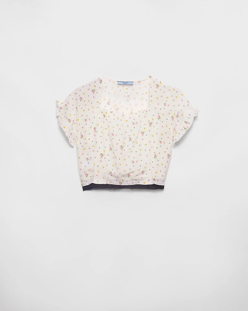 Short-sleeved floral print pongé crop top
