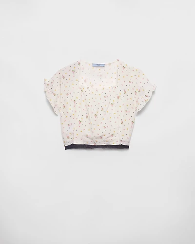 Short-sleeved floral print pongé crop top