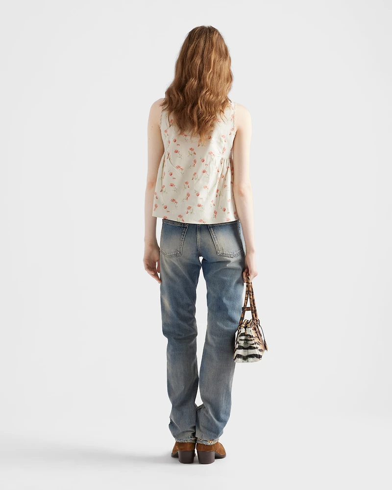 Embroidered floral print linen top