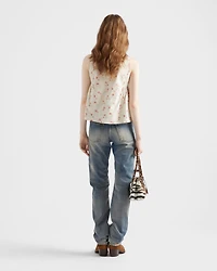 Embroidered floral print linen top