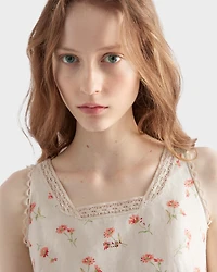 Embroidered floral print linen top