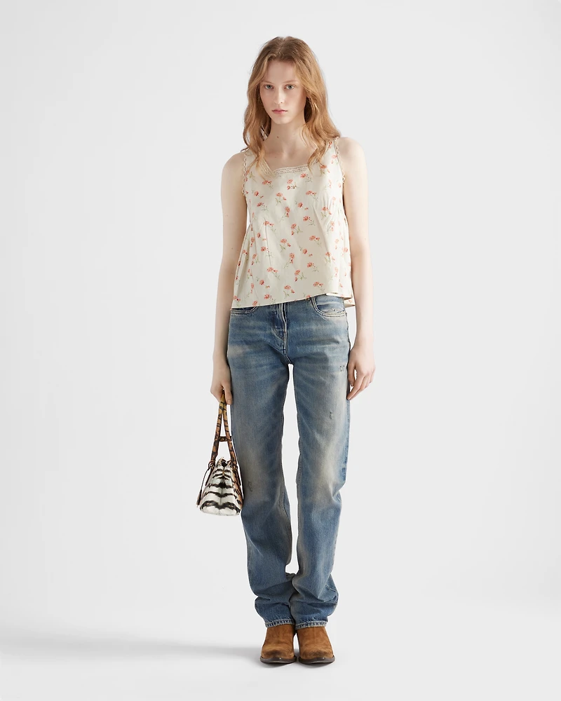 Embroidered floral print linen top