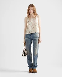 Embroidered floral print linen top
