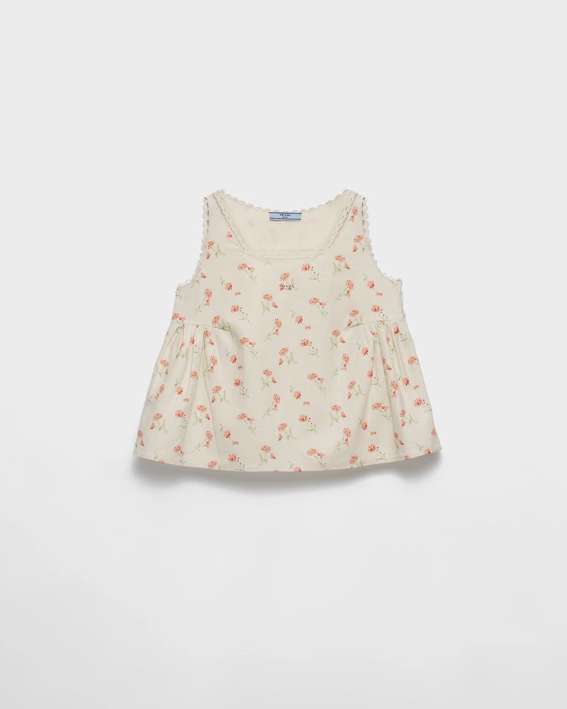 Embroidered floral print linen top