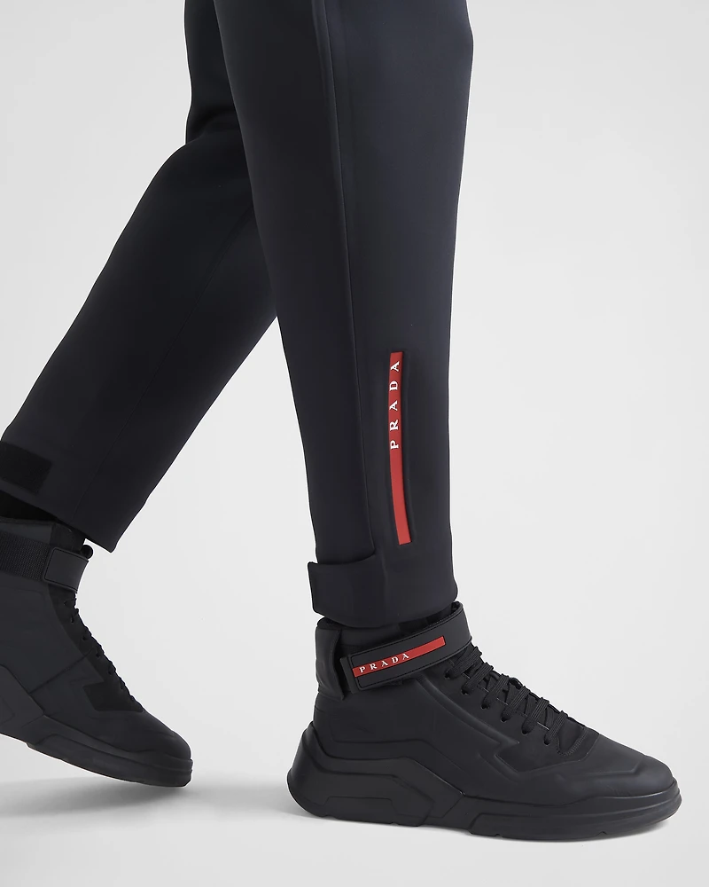 Technical fabric joggers with heat-sealed taped seams
