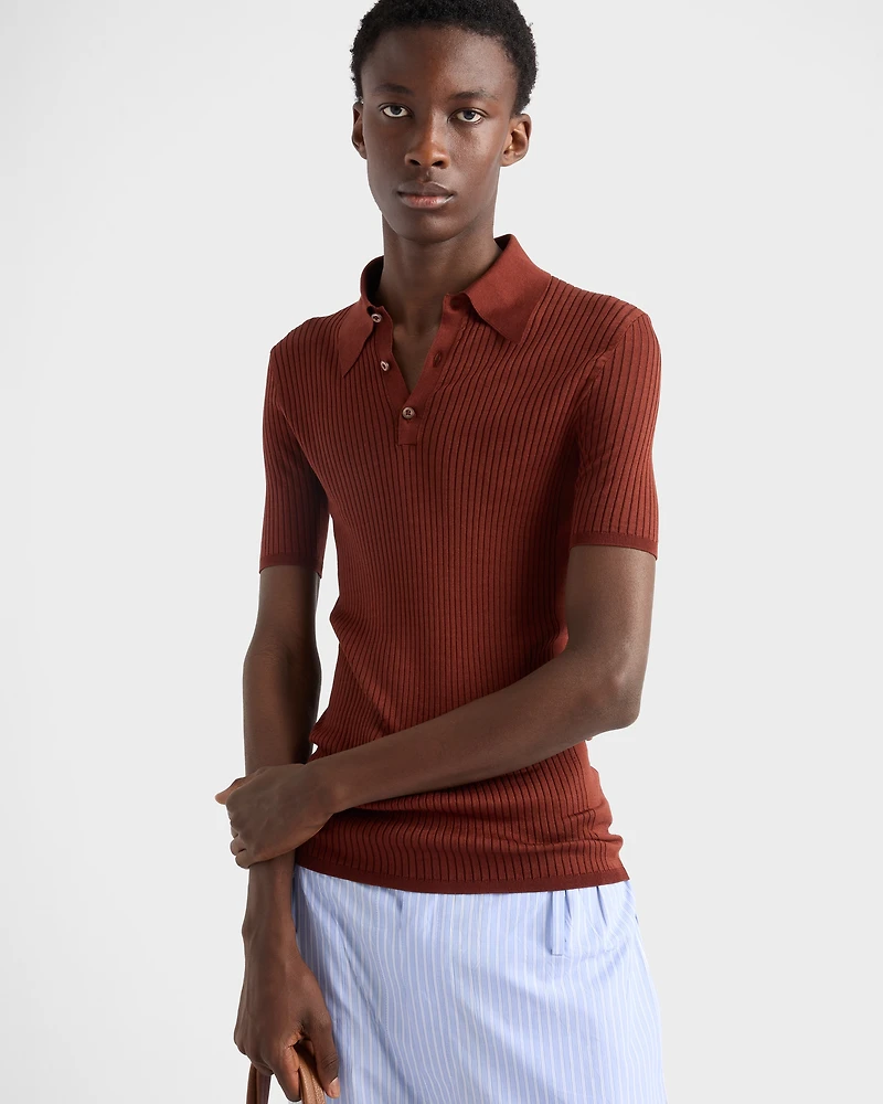 Ribbed knit cotton polo shirt
