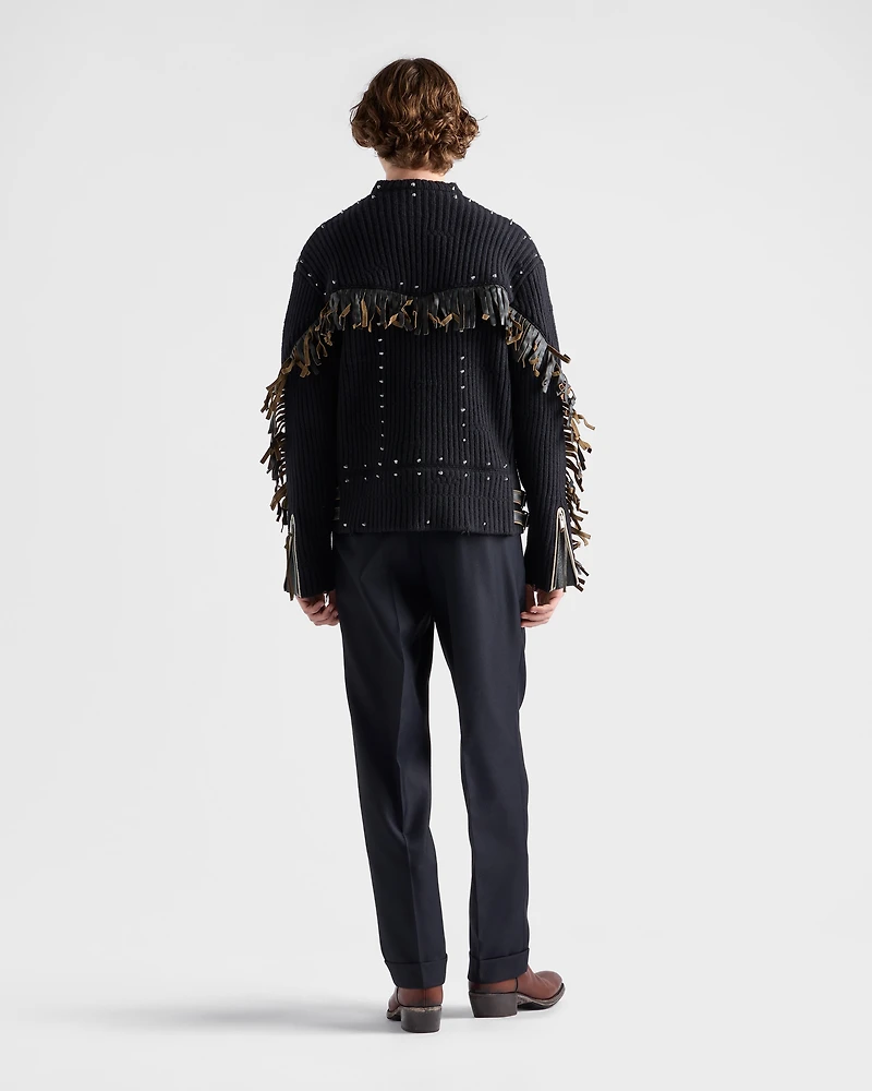 Wool crew-neck sweater with fringe and studs