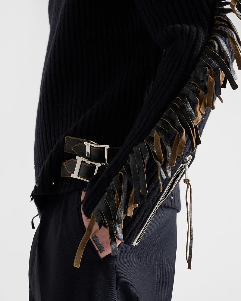 Wool crew-neck sweater with fringe and studs