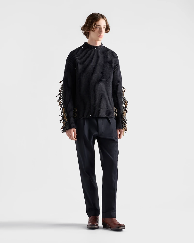 Wool crew-neck sweater with fringe and studs