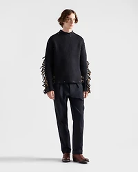 Wool crew-neck sweater with fringe and studs