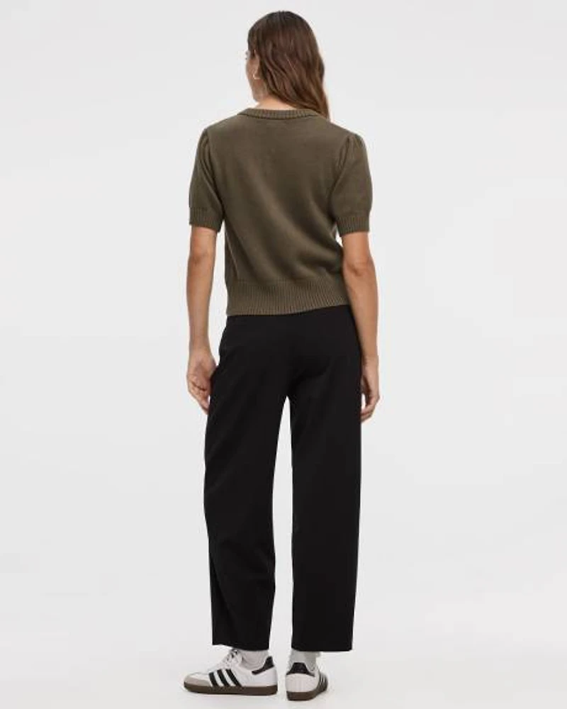 Short-Balloon-Sleeve Crew-Neck Cardigan