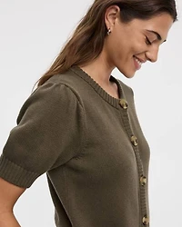 Short-Balloon-Sleeve Crew-Neck Cardigan
