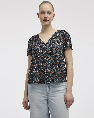 V-Neck Buttoned-Down Blouse with Short Flutter Sleeves