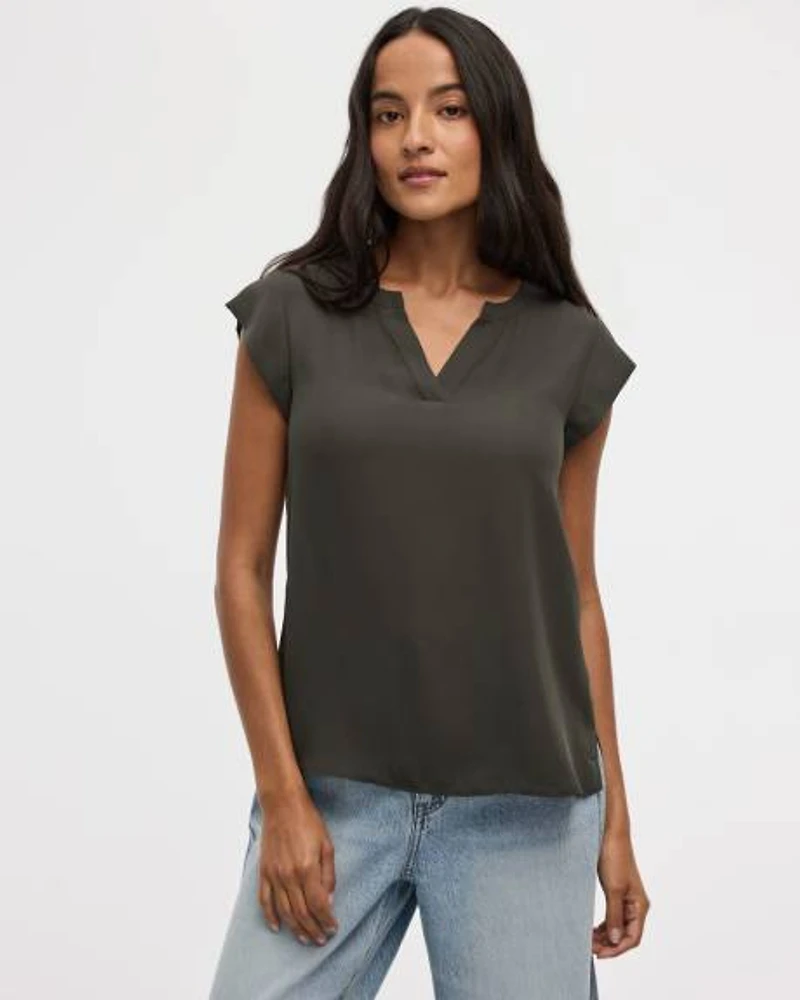 Cap Sleeve Split Neck Blouse