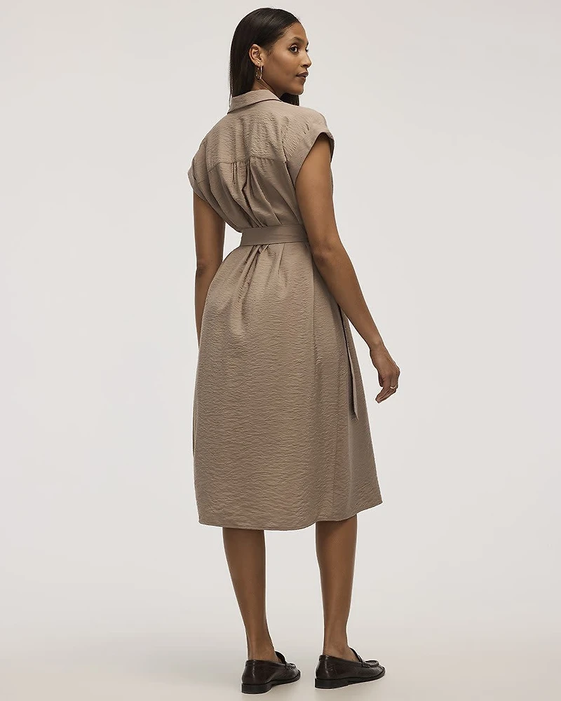 Short-Sleeve Buttoned-Down Midi Dress with Tailored Collar