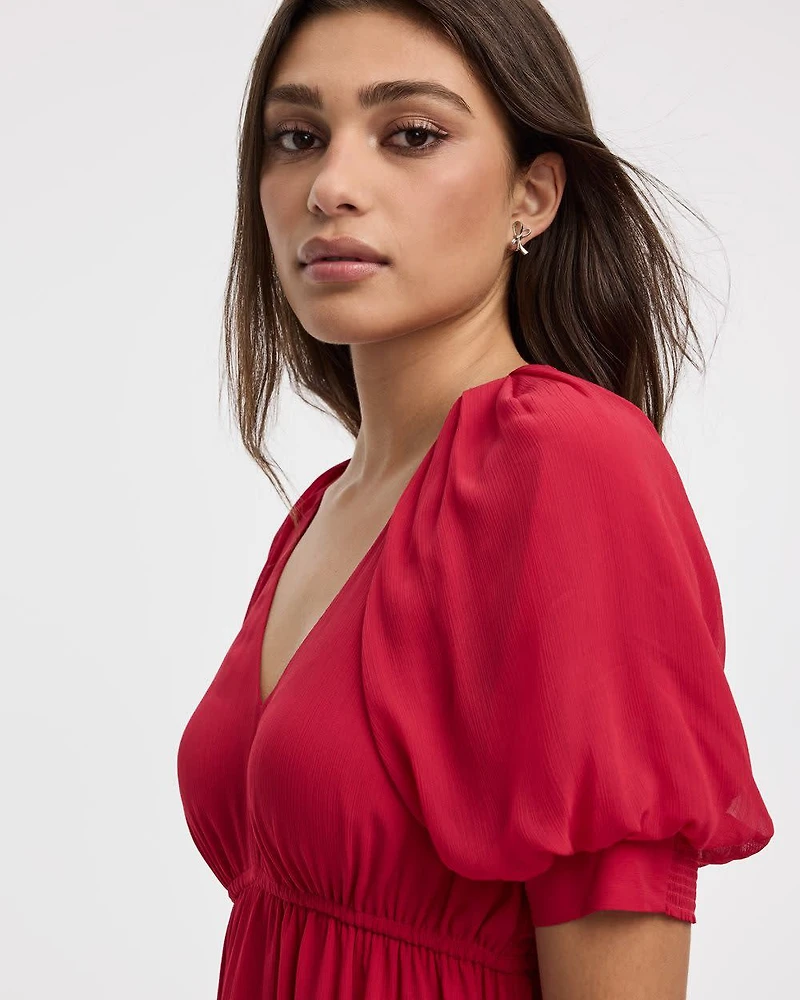 Elbow-Sleeve V-Neck Empire-Cut Dress