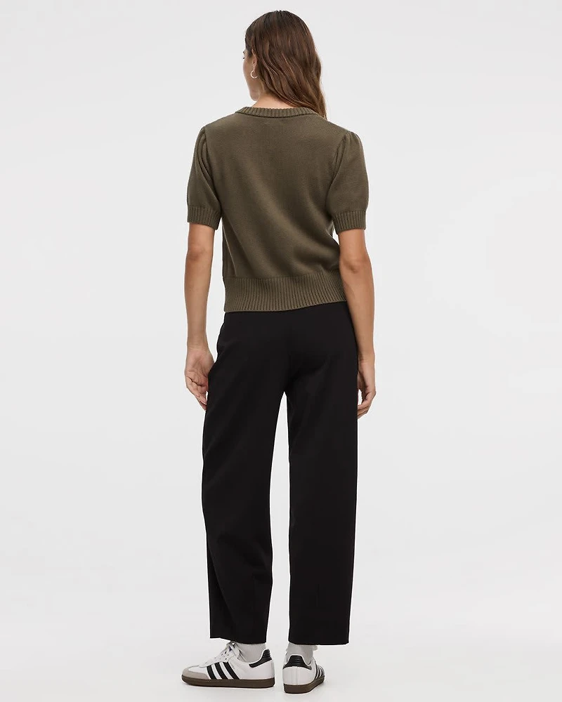 Short-Balloon-Sleeve Crew-Neck Cardigan