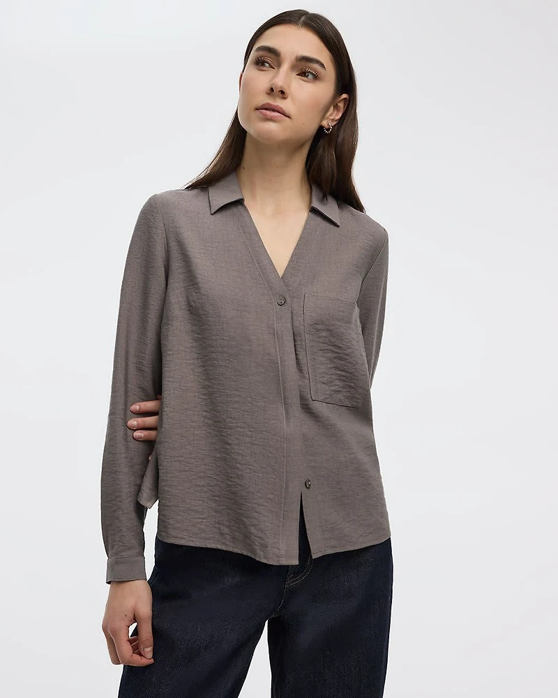 Long-Sleeve Split-Neck Blouse with Chest Pocket