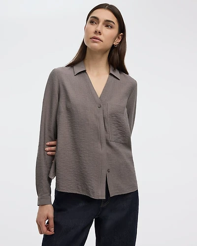Long-Sleeve Split-Neck Blouse with Chest Pocket