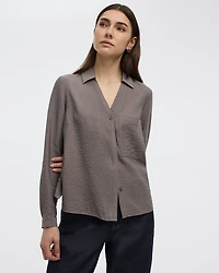Long-Sleeve Split-Neck Blouse with Chest Pocket