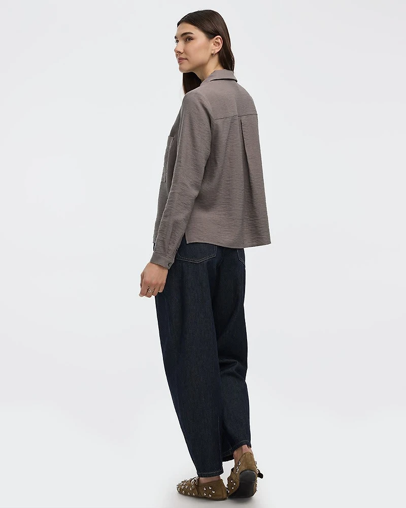 Long-Sleeve Split-Neck Blouse with Chest Pocket