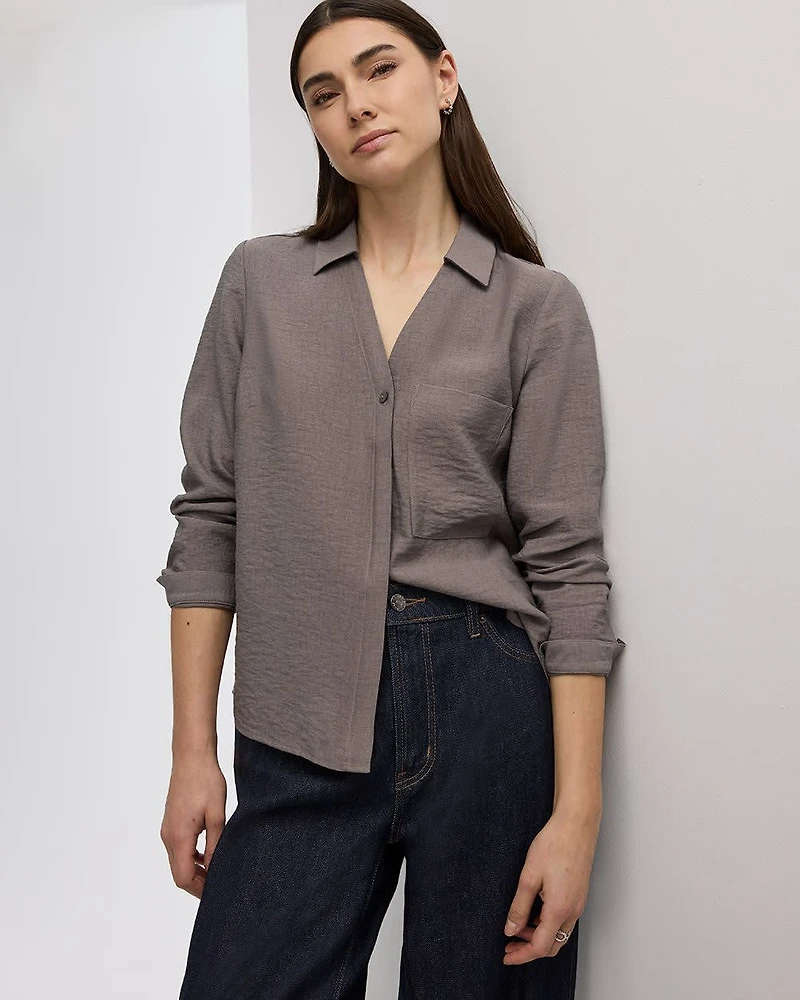 Long-Sleeve Split-Neck Blouse with Chest Pocket