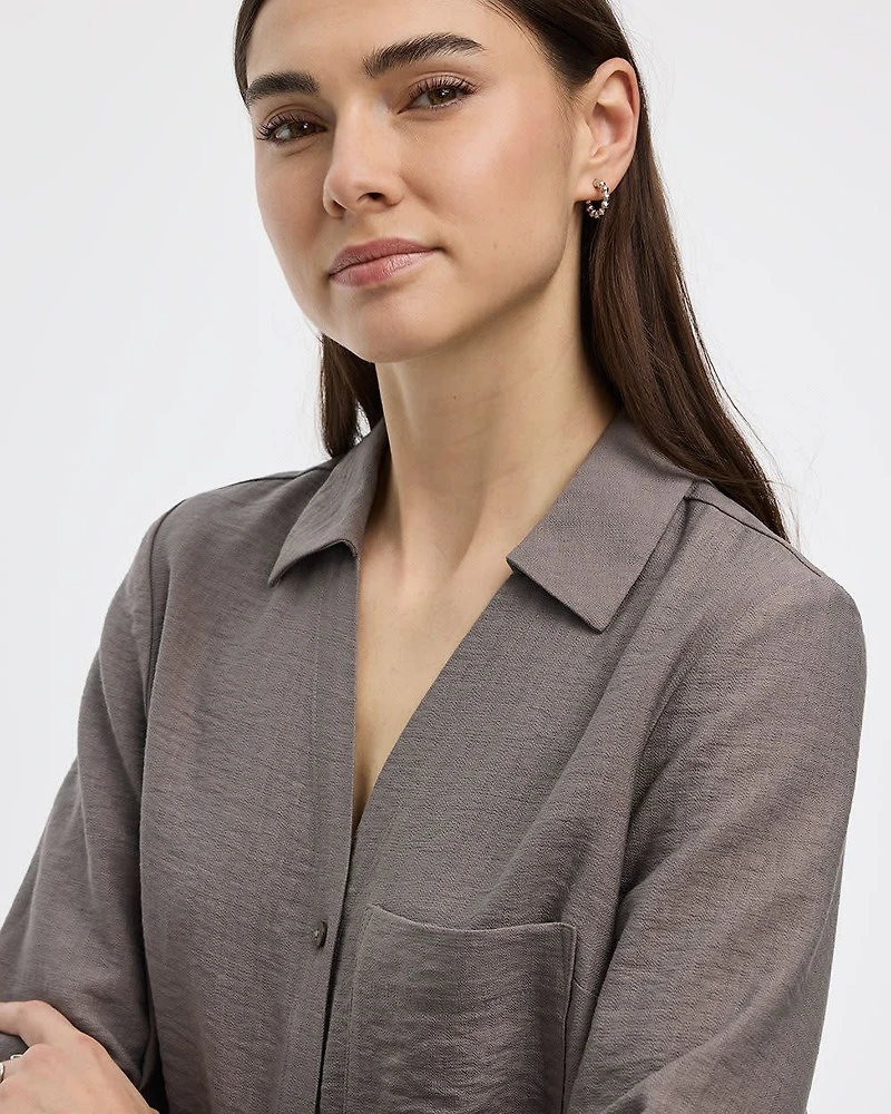 Long-Sleeve Split-Neck Blouse with Chest Pocket