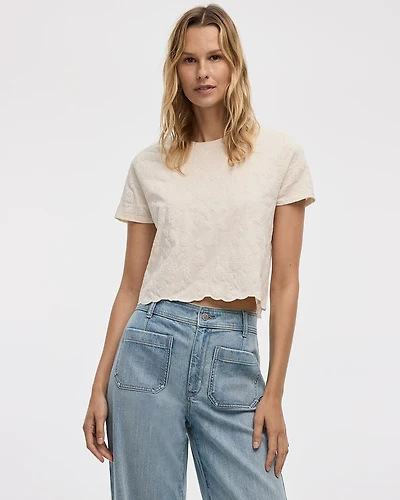 Crew-Neck Embroidered T-Shirt with Scalloped Hem