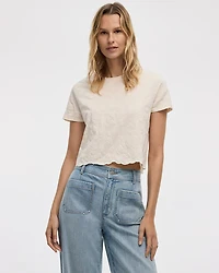 Crew-Neck Embroidered T-Shirt with Scalloped Hem