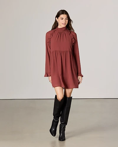 Chiffon Long-Sleeve Mock-Neck Mini Dress with Ruffles