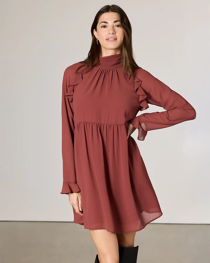 Chiffon Long-Sleeve Mock-Neck Mini Dress with Ruffles