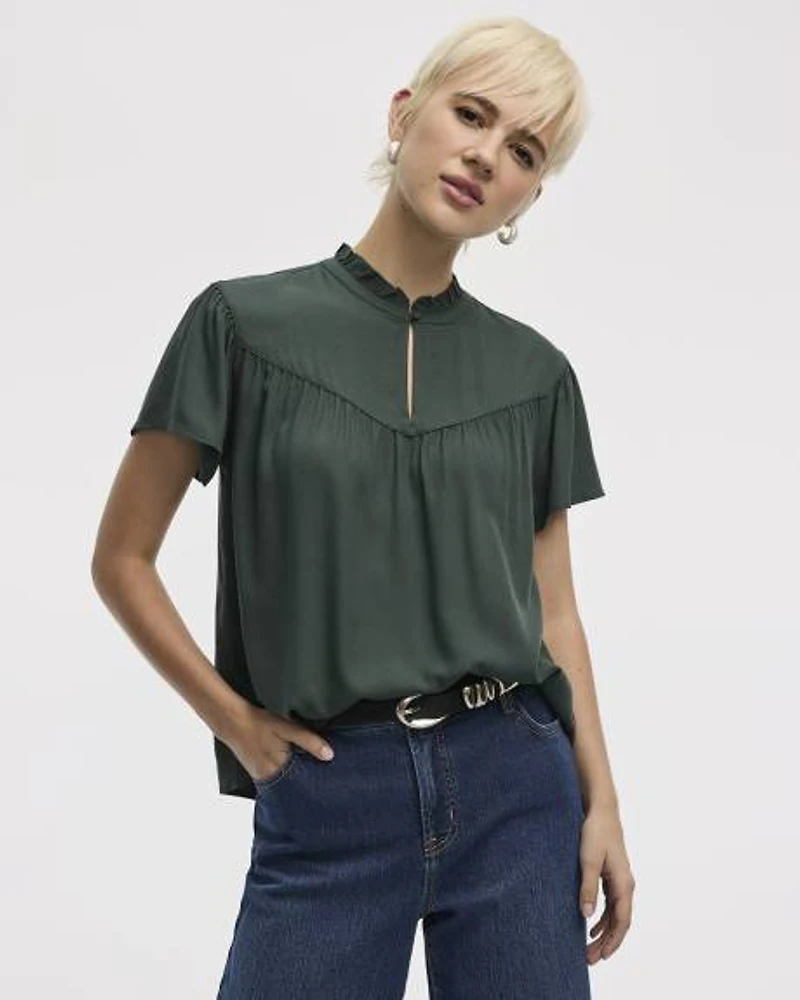 Short-Flutter-Sleeve Mock-Neck Blouse