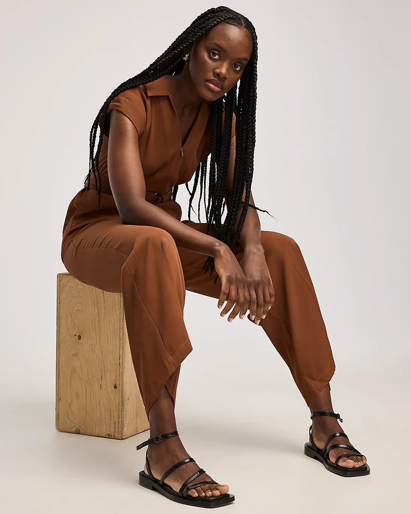 Straight-Leg Extended-Sleeve Belted Jumpsuit