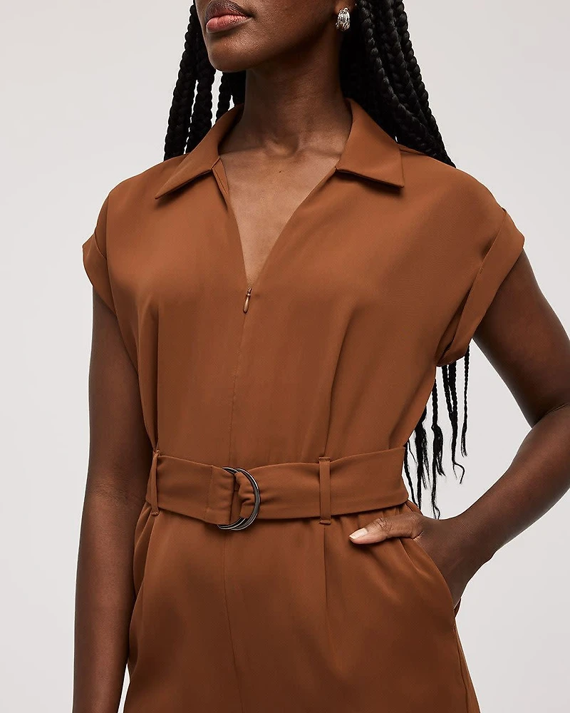 Straight-Leg Extended-Sleeve Belted Jumpsuit