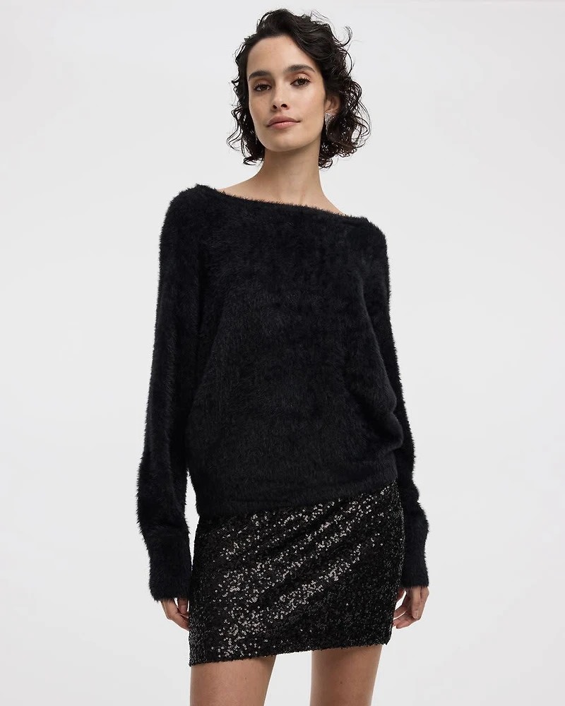 Long-Sleeve Boat-Neck Feather-Yarn Pullover