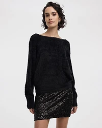 Long-Sleeve Boat-Neck Feather-Yarn Pullover